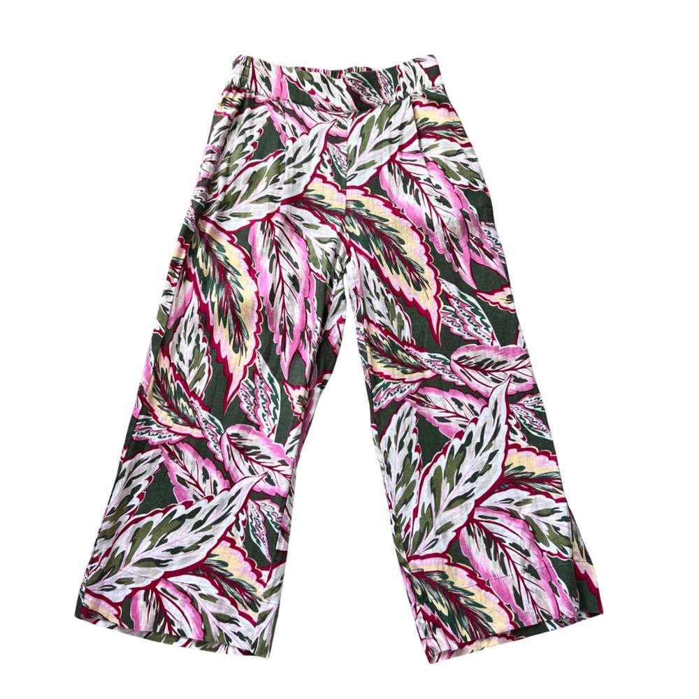 LOFT Beach 100% Linen Wide Leg Tropical Leaf Print Pants Green Pink SP24 Medium